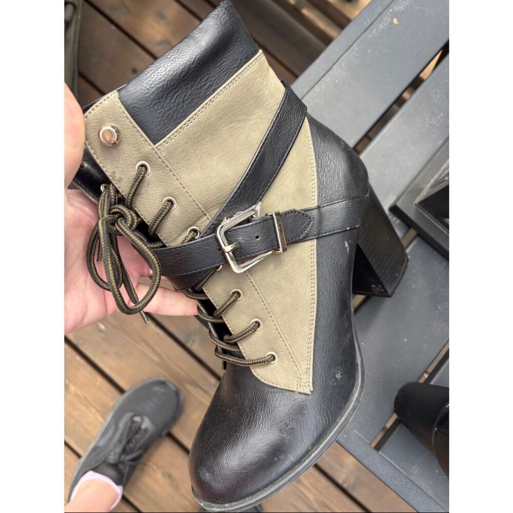 Women’s Lace-Up Ankle Boots with Buckle Strap - Black & Tan - Picture 8 of 11
